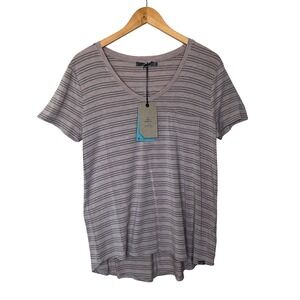 New Prana Foundation Short Sleeve V-Neck Tee Sparrow Heather Stripe Large Casual